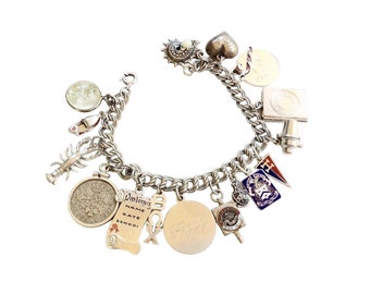 Vintage Sterling Silver Charm Bracelet Loaded Articulated Charms 17 Pieces