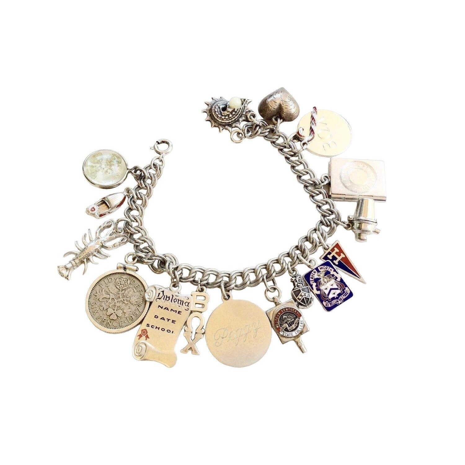 Vintage Sterling Silver 17 Charm Bracelet