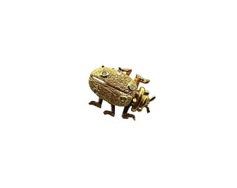 Vintage Bug Pin Brooch Trembling Wings Textured Gold Tone & Rhinestones Signed