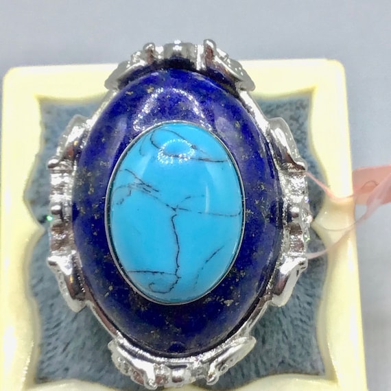 Lapis Lazuli & Turquoise Stone Ring Size 8 Semi P… - image 2