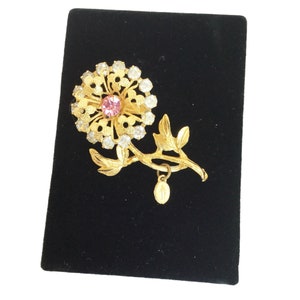 rhinestones flower pin brooch with Virgin Mary medal vintage religious jewelry  Unsigned