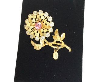 rhinestones flower pin brooch with Virgin Mary medal vintage religious jewelry  Unsigned