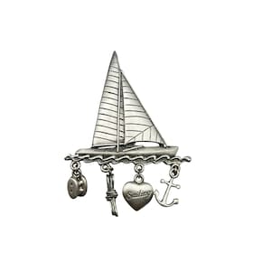 JJ Jonette Jewelry Sailboat Pin Brooch With Charms Silver Pewter Sailing Theme