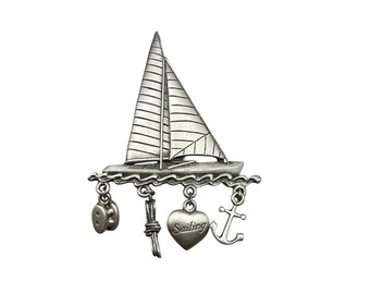 JJ Jonette Jewelry Sailboat Pin Brooch With Charms Silver Pewter Sailing Theme