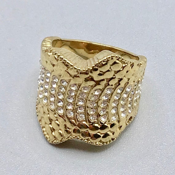 Gold Tone Rhinestones Pave Ring Size 8 Wide Waved… - image 10