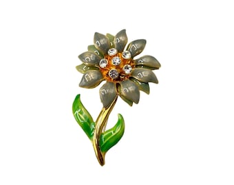 Anne Klein AK Flower Pin Brooch Gold Tone Green Gray Enamel Rhinestone Pistils 2.5"