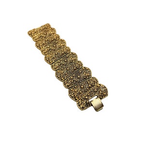 Signed TORTOLANI Wide Gold Tone Link Bracelet Textured Abstract 60s Jewelry