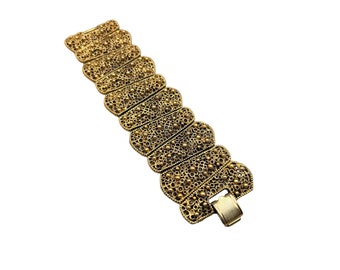 Signed TORTOLANI Wide Gold Tone Link Bracelet Textured Abstract 60s Jewelry