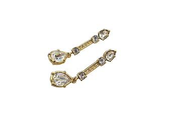 Vintage Swarovski Gold Plated Drop Earrings with Clear Crystals Dainty Dangles