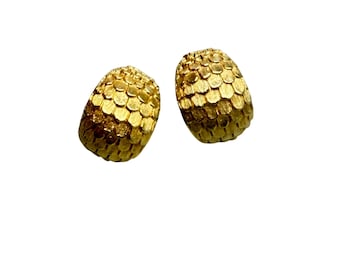 Vintage Clip On Earrings Gold Tone Scale Scalloped Design Domed Half Hoops