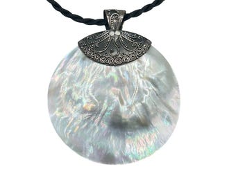 MERAN Disc Necklace MOP Shell Sterling Silver 925 Pendant Necklace Black Cord