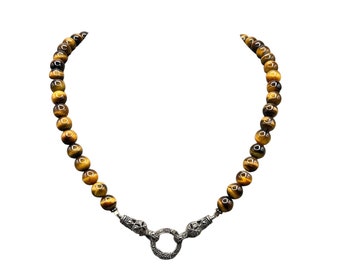Tiger Eye Necklace Sterling Silver and Marcasites Accents Articulated Ring Clasp