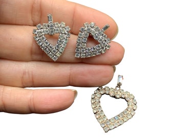 Rhinestones Hearts Earrings & Pendant Set Clear Rhinestones Silver Tone Setting