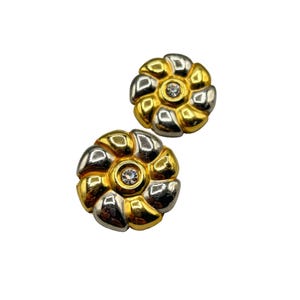 Vintage Flower Clip On Earrings Gold & Silver Tone Rhinestone Accents