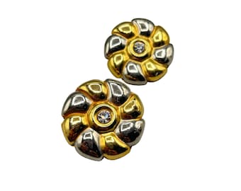 Vintage Flower Clip On Earrings Gold & Silver Tone Rhinestone Accents