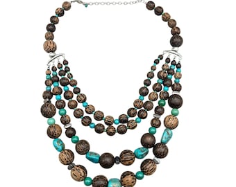 Vintage Turquoise Wood Necklace Multistrand Sally C Treasures Sterling Silver 925 SX