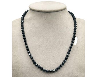 Vintage Black Beaded Necklace Single Strand Glass Beads Faceted Bicone 18" Long
