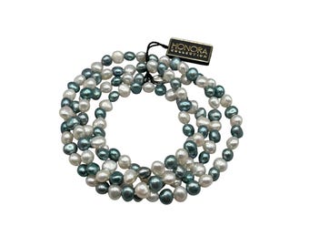 HONORA Dyed Pearls Necklace Long 34" Strand Blue White Beaded Irregular Pearls