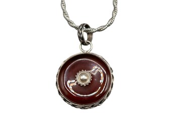 Double Sided Carnelian And Black Onyx Pendant Necklace Sterling SIlver Genuine Gemstone