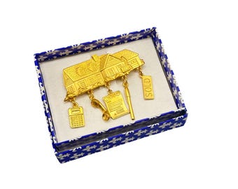 Real Estate Charm Brooch JJ Jonette Pewter Gold Plated Realtor House & Sold Sign