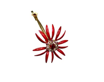 Vintage VENDOME Pin Brooch Red Enamel Flower Book Piece Gold Tone Stem