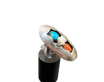Sterling Silver Turquoise Coral Shadowbox Ring Native American Size 7 Ring