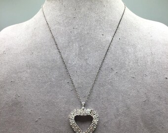 Rhinestones Heart Pendant Necklace All Prong Set Clear Glass Stones Silver Tone