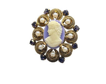 Vintage Gold Tone Ring with Purple Plastic Cameo and Rhinestones Adjustable Ring