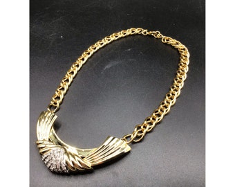 Chunky Gold Tone 80s 90s Necklace Rhinestones Collar Thick Chain Fancy Necklace