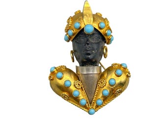 Vintage Blackamoor Brooch Pin Gold with Turquoise Accents Made In Italy