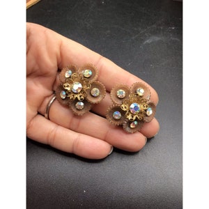Vintage Brown Flowers Earrings Floral Clip On Celluloid & Aurora Borealis Stones