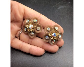 Vintage Brown Flowers Earrings Floral Clip On Celluloid & Aurora Borealis Stones
