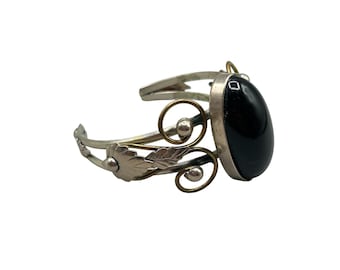 Handcrafted Cuff Bracelet Silver Color Metal With Black Cabochon