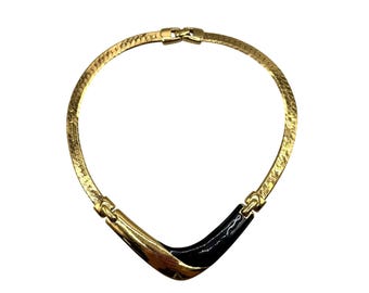 Vintage MORGAN TAYLOR 80s Choker Necklace Gold Tone And Black Enamel