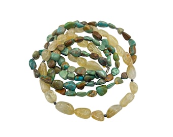 Vintage Green Turquoise & Rutilated Quartz Necklace Triple Strand Sterling Clasp
