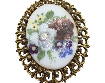 Vintage Floral Cameo Pin Brooch Antiqued Gold Tone Transferred Floral Design