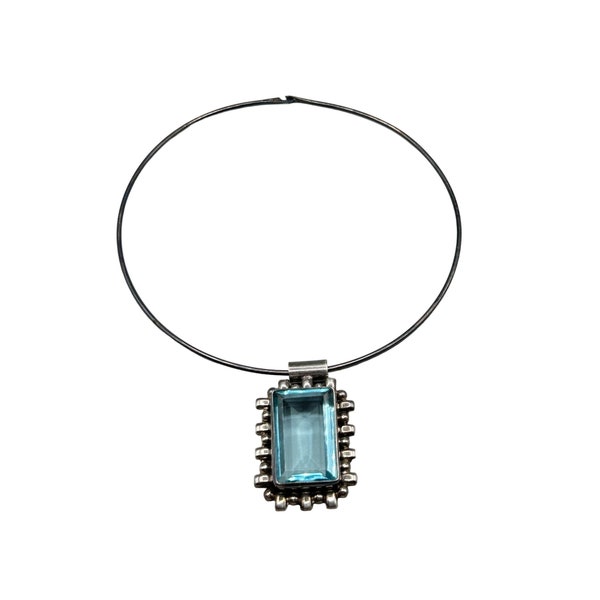 Aqua Blue Topaz Glass Pendant Necklace 925 Sterling Silver Made in Mexico