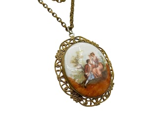 Antique Brass Necklace Courting Scene Older Painted Ceramic Cabochon