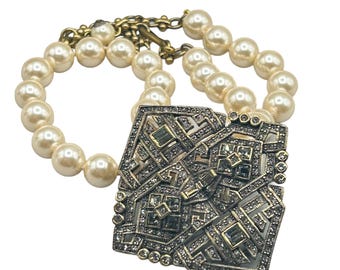 Vintage HEIDI DAUS Pearl Necklace w Pin Brooch Enhancer Pendant Art Deco Design