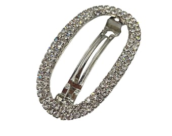 Vintage Hair Barrette Clip Silver Tone and Clear Rhinestones Oval Ring Shaped