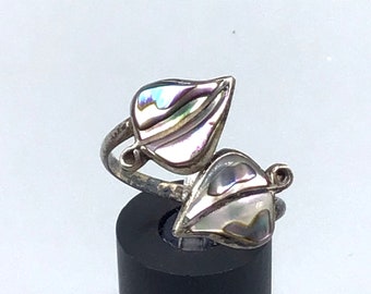 Bypass Adjustable Ring Sterling Silver & Shell Inlay Double Leaf Foliage Design