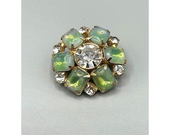 Vintage Prong Set Green Opalescent Floral Brooch Slightly Domed Colorful Jewelry
