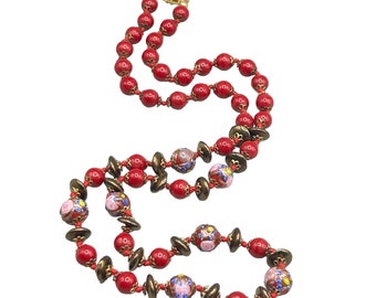 Vintage Murano Wedding Cake Beaded Necklace Red Glass Beaded Hand Knotted
