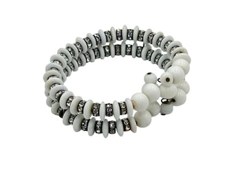 Vintage 1940s Memory Wire Bracelet Milk Glass Beads and Rhinestones Rondelles