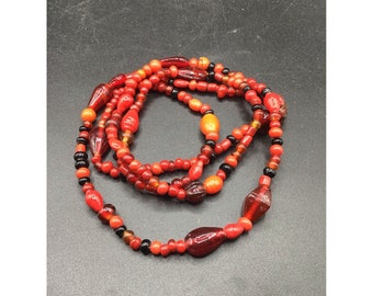 Red Glass Necklace Molded Glass Black Red Beads Long Strand Beaded Necklace