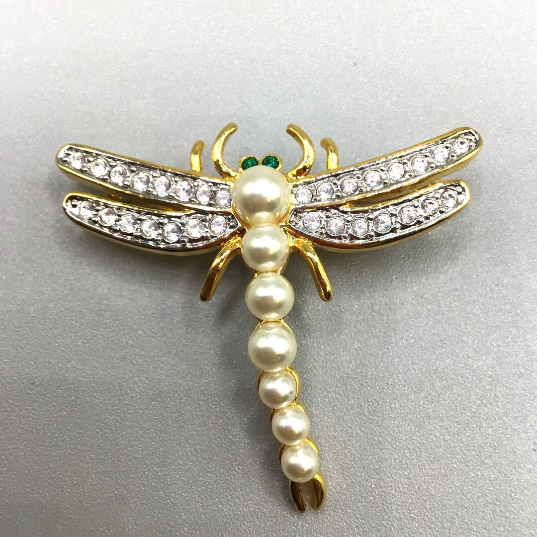 Spilla/ciondolo vintage a forma di libellula in oro e strass