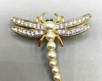 Dragonfly Brooch Faux Pearls & Rhinestones Vintage Gold Tone Insect Figural Pin