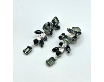 Vintage Long Rhinestones Clip On Earrings Dimensional Design Black Smoky Stones
