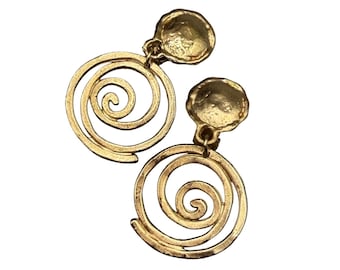 Vintage Clip On Dangles Earrings Swirl Drop Abstract Statement Design Matte Gold Tone