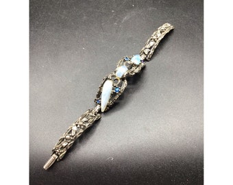Vintage 50s Retro Bracelet Silver Tone Metal Blue Crystals Rhinestones Plastic